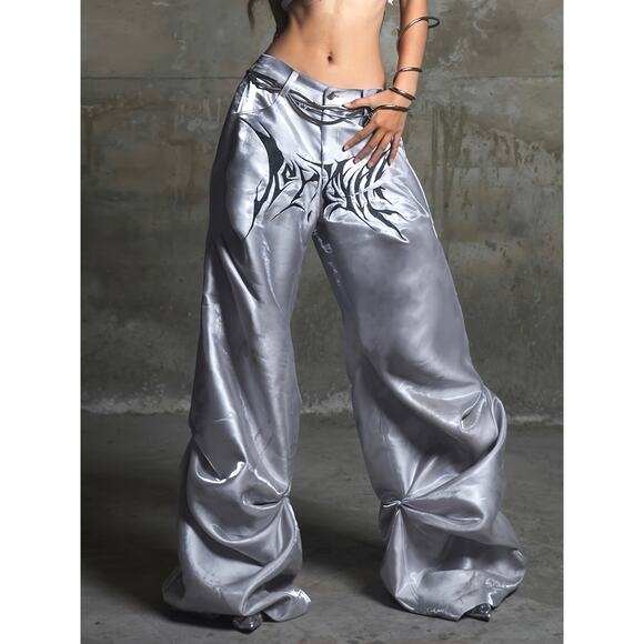 Gothic Crotch Print Silver Baggy Pants - Picture 2 of 10